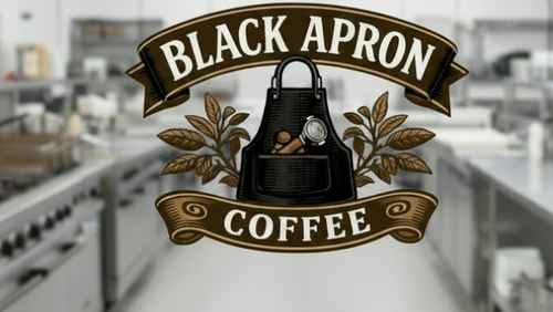 Black Apron Coffee logo with an apron and coffee beans on a white background